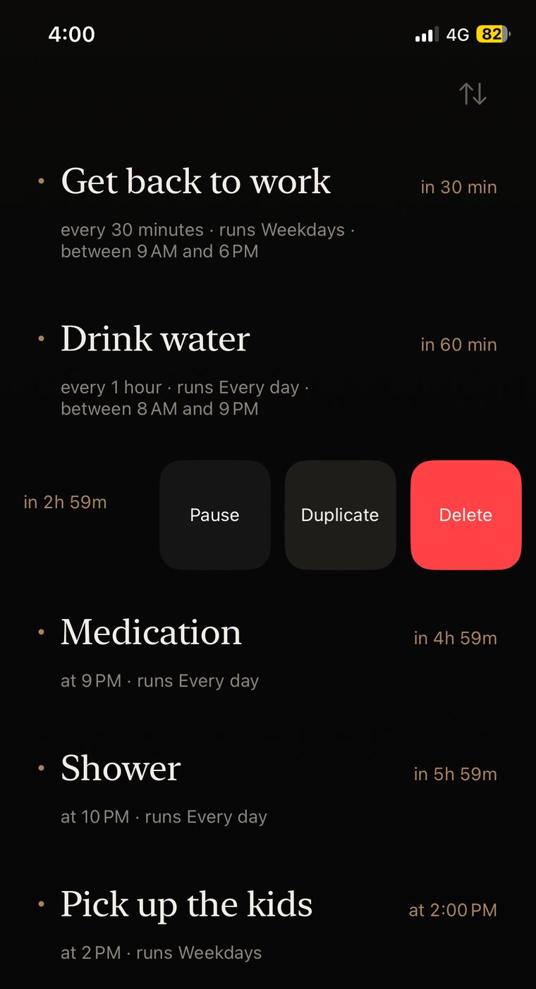 Wehem's rules list: five reminders with their schedules and next fire times, one swiped open to reveal Pause, Duplicate and Delete.